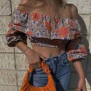 Zara Orange Floral Off Shoulder Cropped Ballon Sleeve Top M Boho Prairie Baddie
